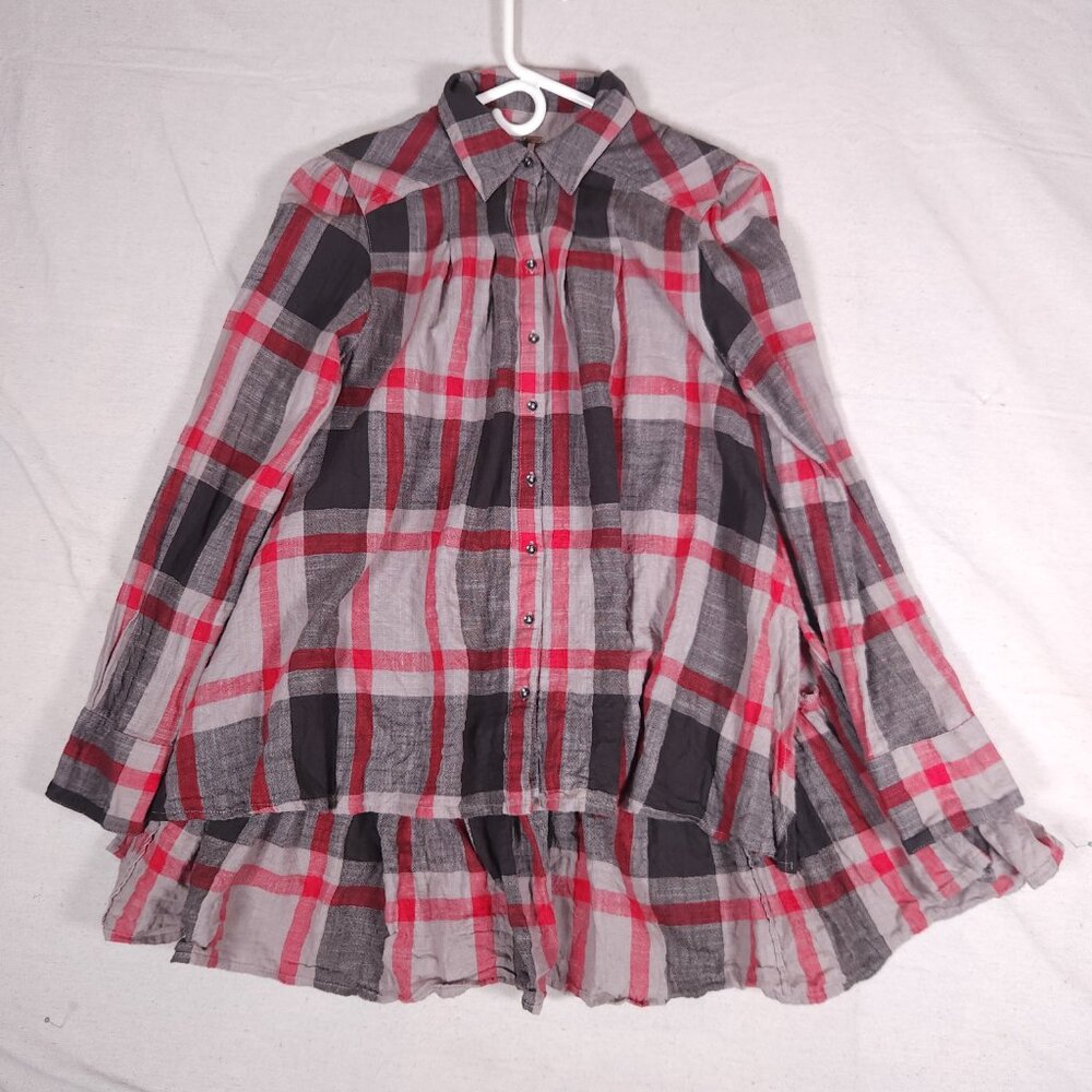 Free People Peppy in Plaid Button Front Shirt XS Oversize Ruffle Hem Plaid Boho